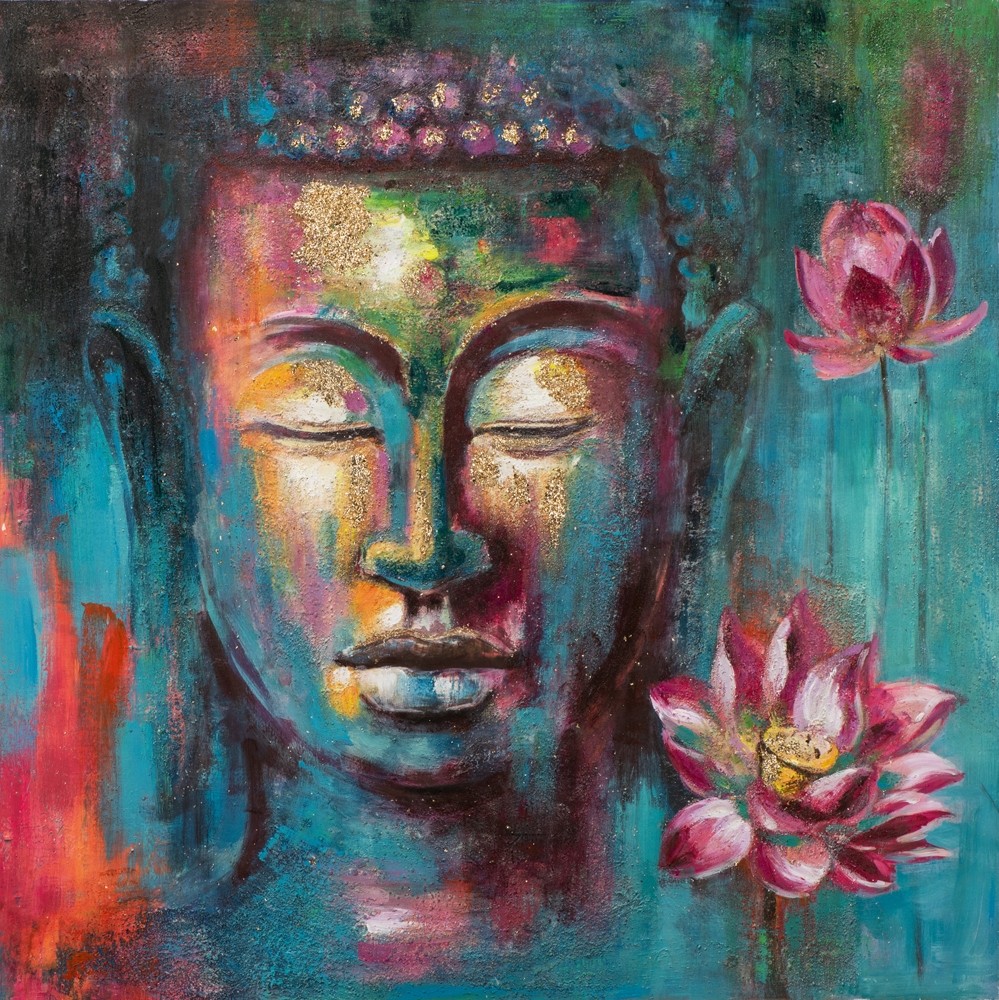 Wandbild Buddha Pink Lotus - 100 x 100 cm - handgemalt
