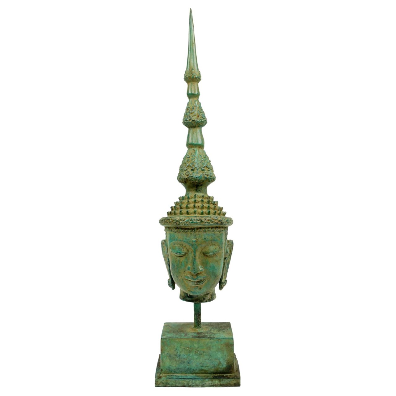 Buddha Kopf Ayutthaya antikfarben ca. 60 cm auf Sockel Messing gegossen