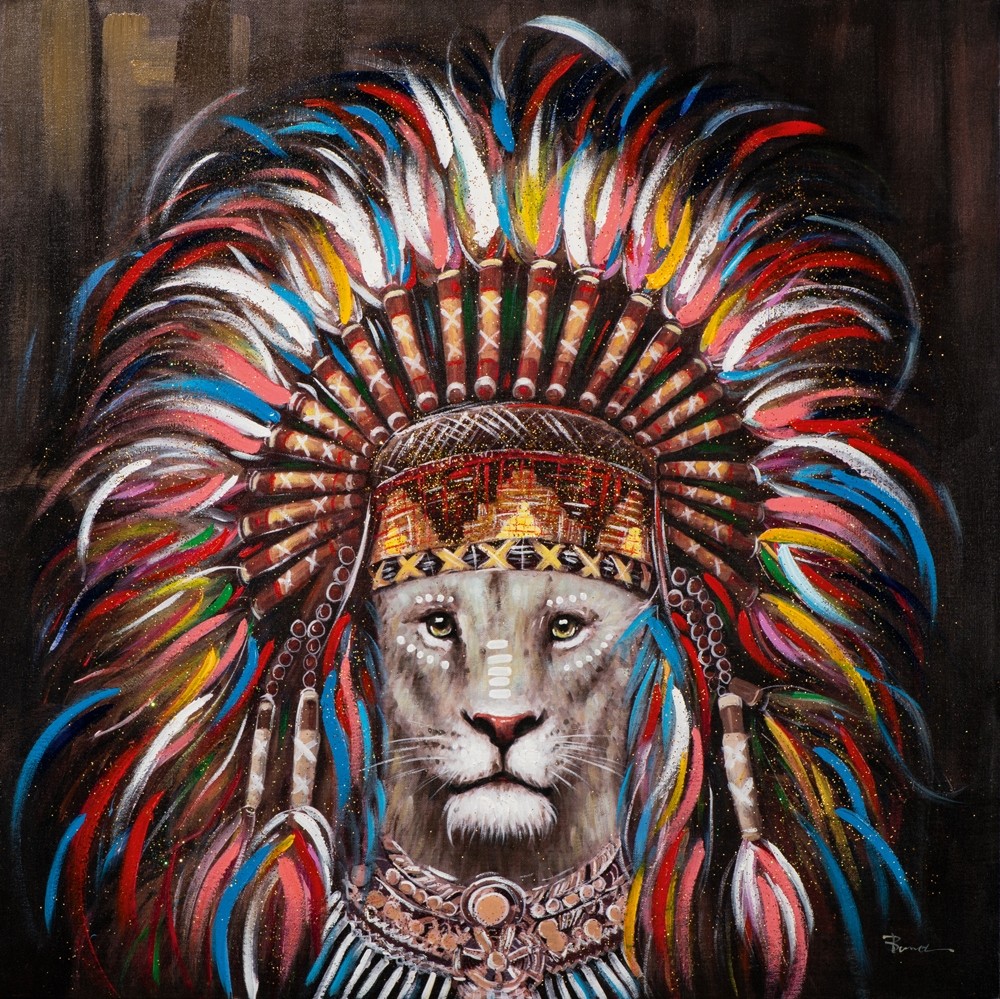 Wandbild Löwe und Indianer bedruckt und handbearbeitet