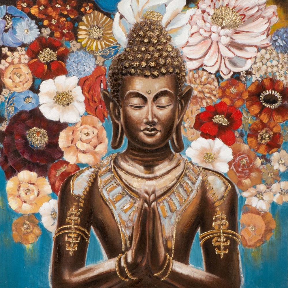 Wandbild Buddha Indian Flower 100x100 handbearbeitet und handgemalt