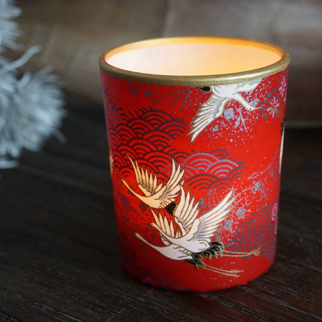 Chiyogami Windlicht gross Siberian Cranes Rouge