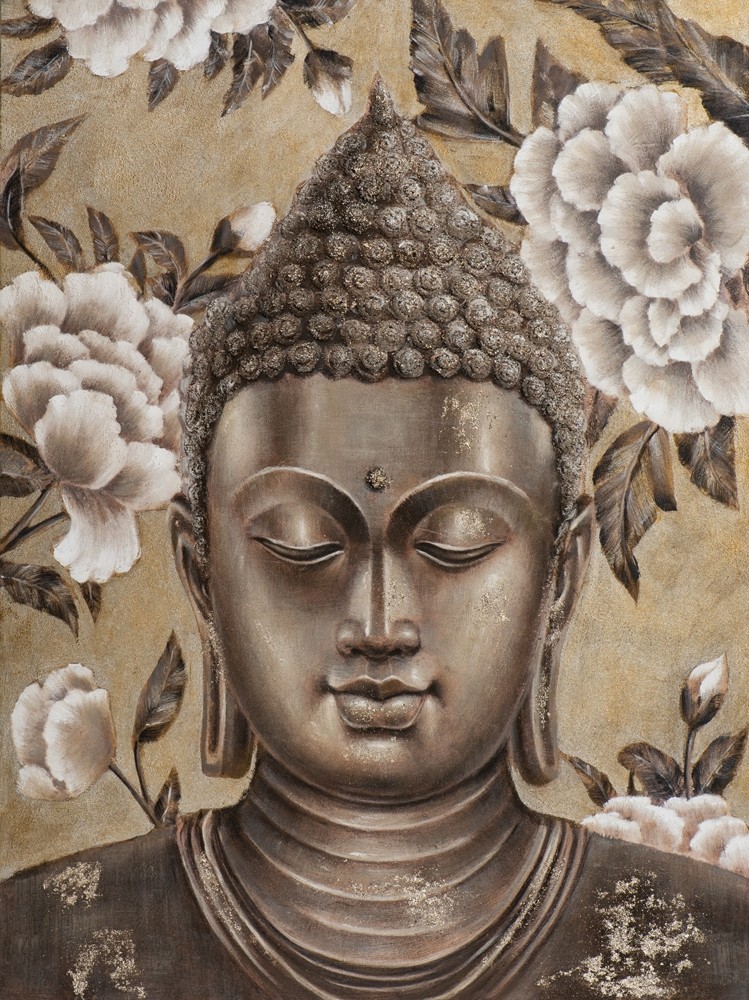 Wandbild Buddha Silver Gold 90x120 handbearbeitet und handgemalt